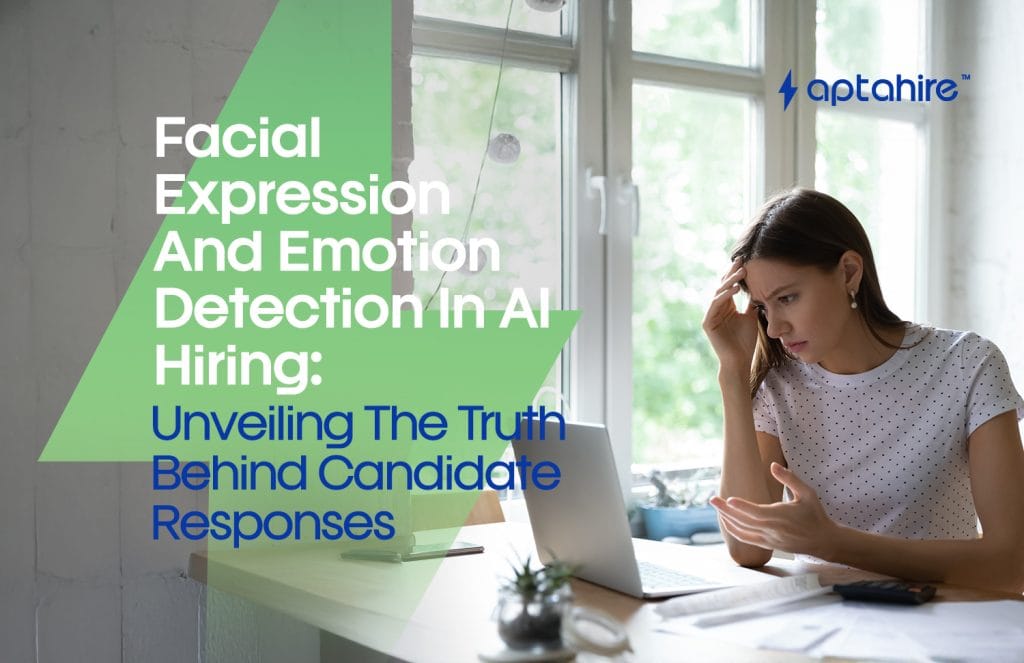 Illustration of an AI system analyzing a candidate's facial expressions during a virtual interview, showing emotion categories like happiness, stress, and surprise on screen.