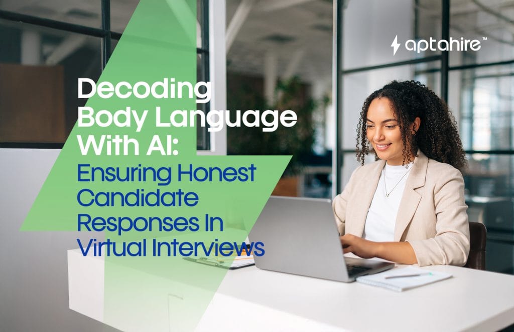 Illustration of AI analyzing a candidate’s facial expressions, eye movements, gestures, and voice during a virtual interview to assess honesty and confidence