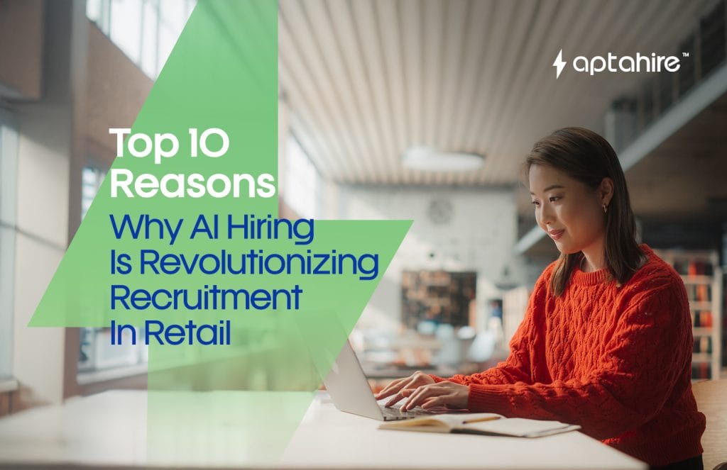 Illustration of AI-powered retail recruitment process with resumes, chatbots, and hiring dashboard on screen