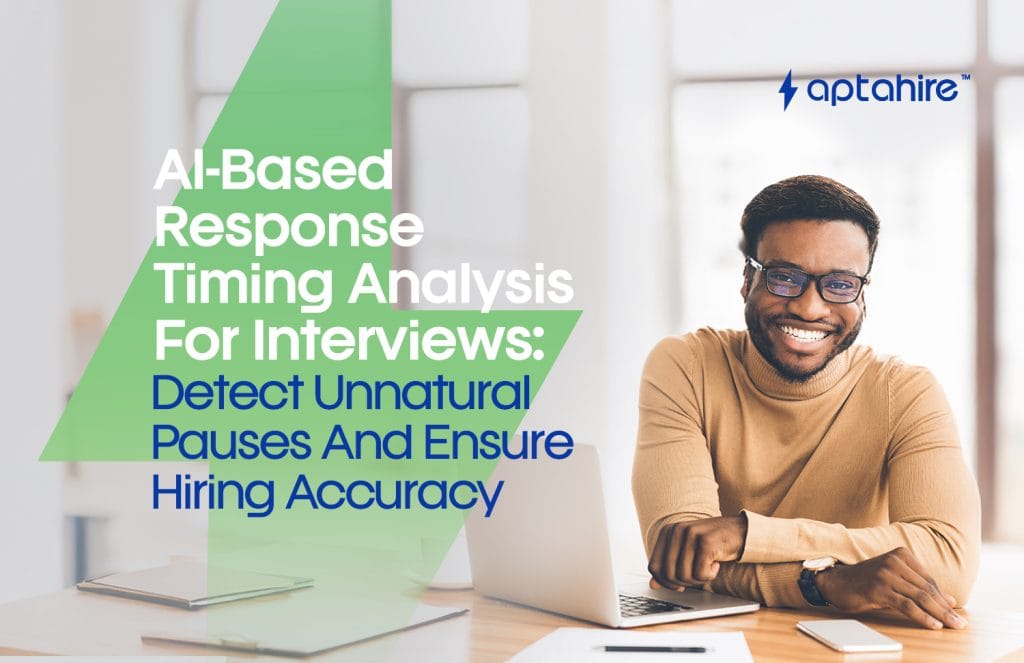 Illustration of AI analyzing candidate response times during a virtual interview to detect hesitation and ensure authenticity.