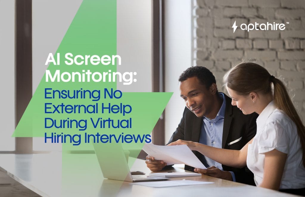 Illustration of AI screen monitoring during a virtual job interview, showing candidate activity being analyzed in real-time on a recruiter’s dashboard.