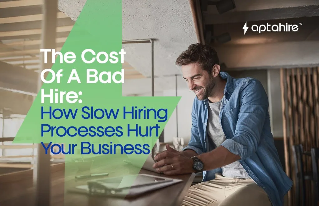 Illustration of a stressed hiring manager surrounded by resumes and clocks, symbolizing the pressure of slow and costly hiring decisions.