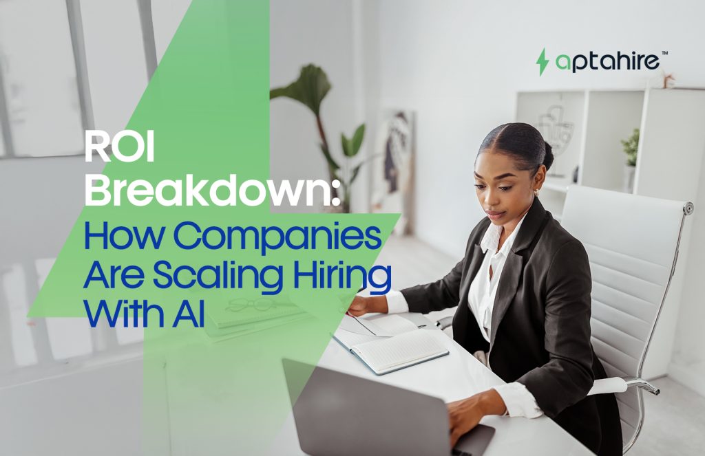 Illustration showing AI-powered recruitment funnel with cost savings metrics