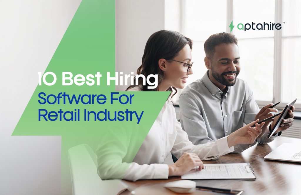 Retail HR manager using AI hiring software on a laptop to review applications