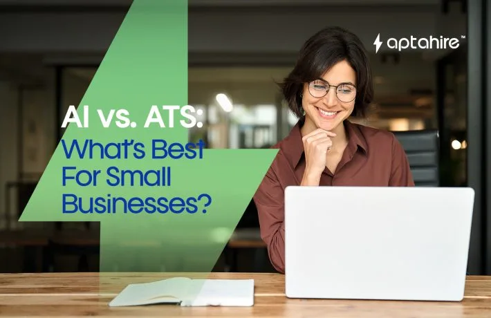 Illustration showing a small business owner comparing ATS and AI hiring tools on a computer screen, surrounded by resumes and digital icons.