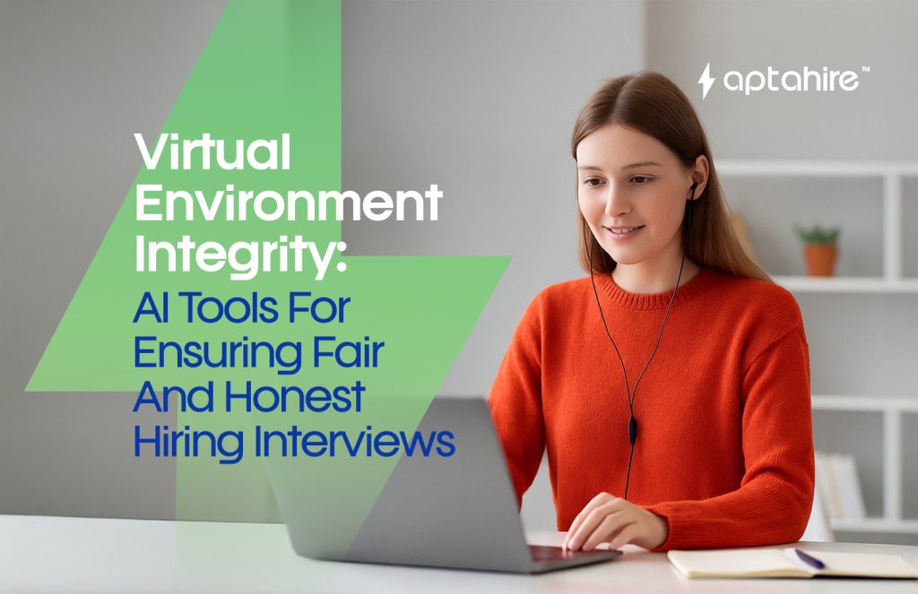 AI system monitoring a virtual job interview on a computer screen with candidate facial recognition in progress