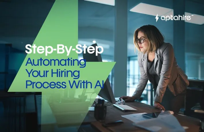 Illustration of a small business owner using AI tools to automate hiring tasks like resume screening, video interviews, and scheduling.