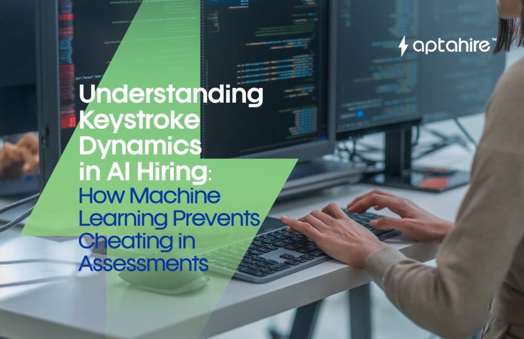 AI monitoring keystroke dynamics during an online hiring assessment to detect cheating and ensure authenticity.