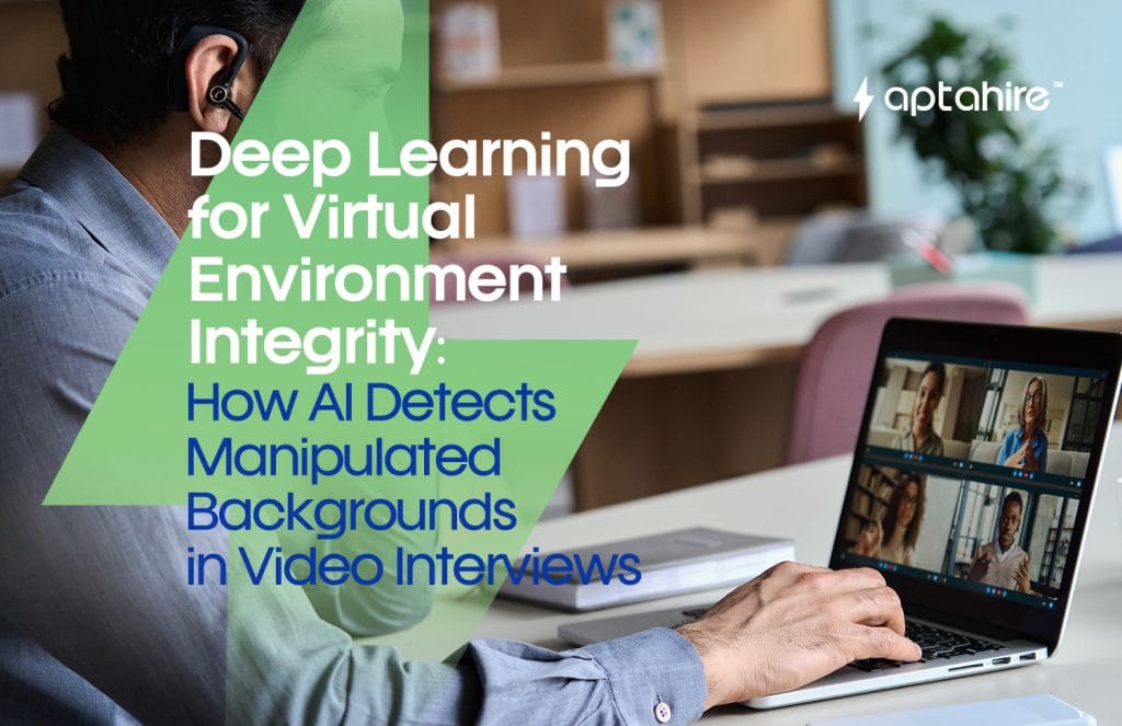 AI system analyzing candidate’s video background to detect virtual manipulation during online interviews