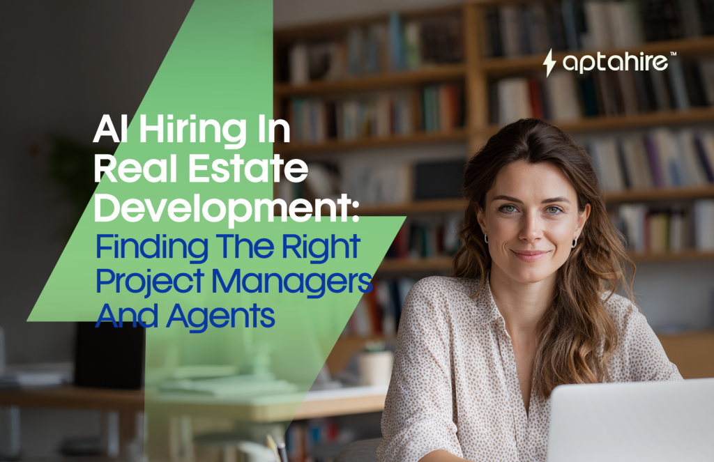 AI-powered hiring dashboard displaying real estate candidate profiles for project manager and agent roles, highlighting skill match and video interview scores